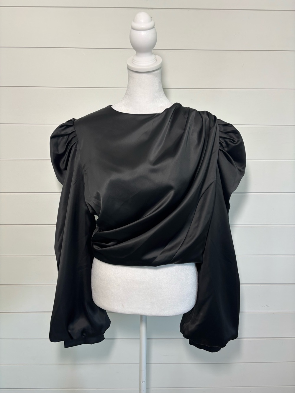 Anthropologie Mare Mare Satin Puff-Sleeve Top Black Draped Puff-Sleeve Blouse